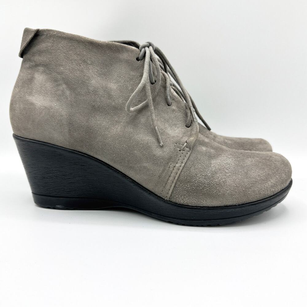 Dansko Renee Lace Up Ankle Booties 41 Gray Suede Leather Wedge Heel